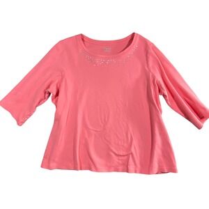 Studio Works Woman Pink Embellished Rhinestone 3/4 Sleeve Cotton Top 1X RN 69016